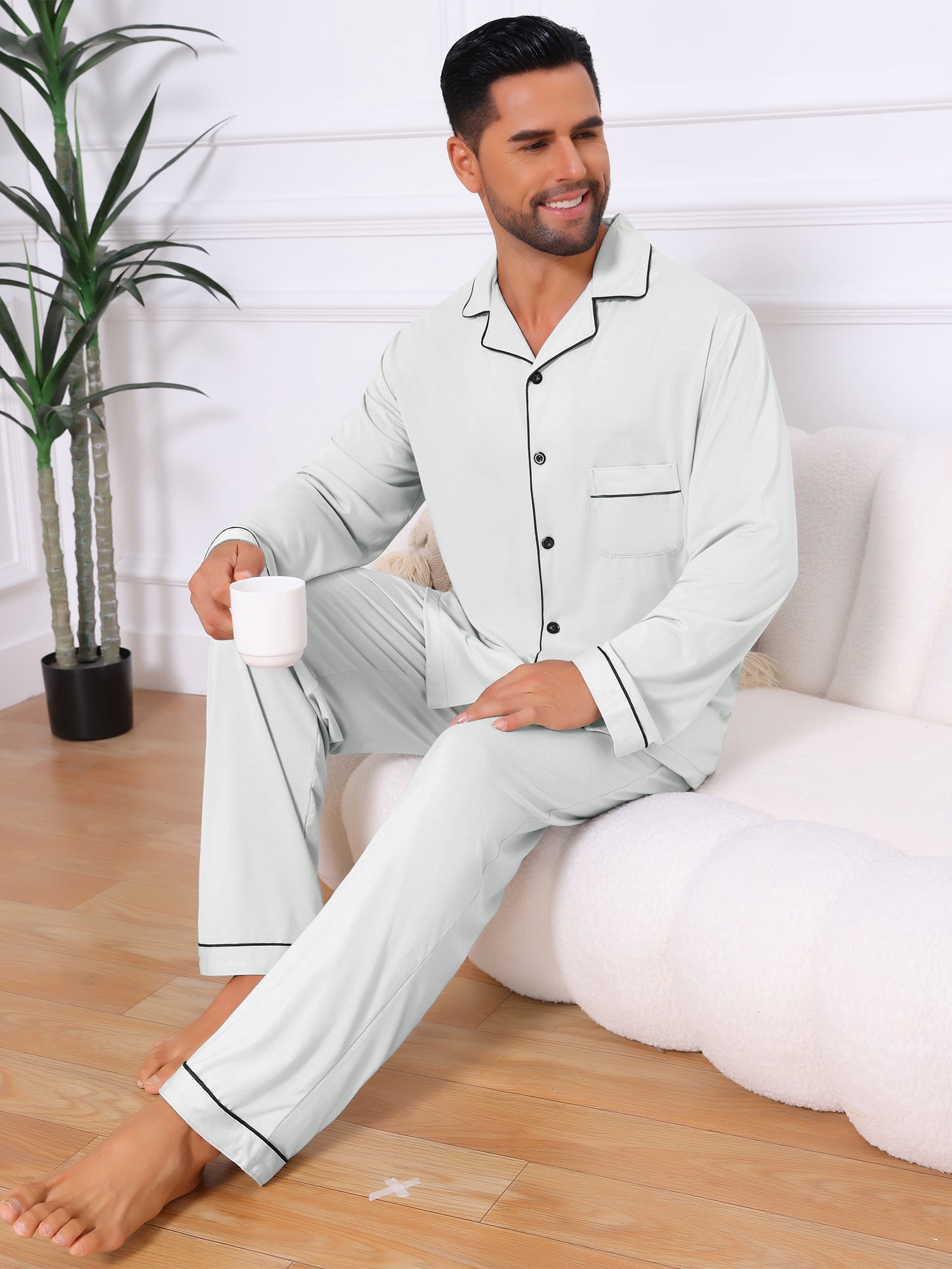 DARING DIVA Men's 2-Piece Long Sleeve Solid Color Button Down Pajamas Set S White Gray