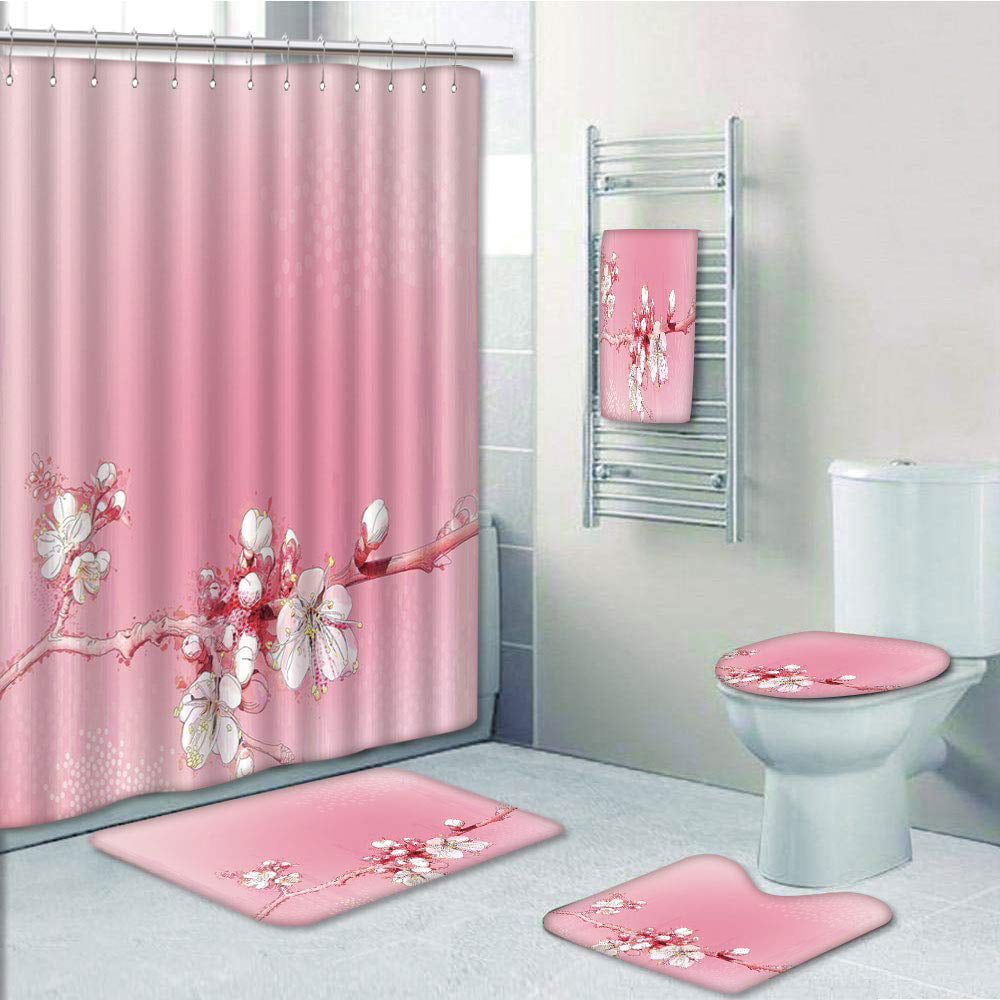 Cherry Blossoms Shower Curtain Bath Mat Toilet Cover Rug Bathroom Decor Set 