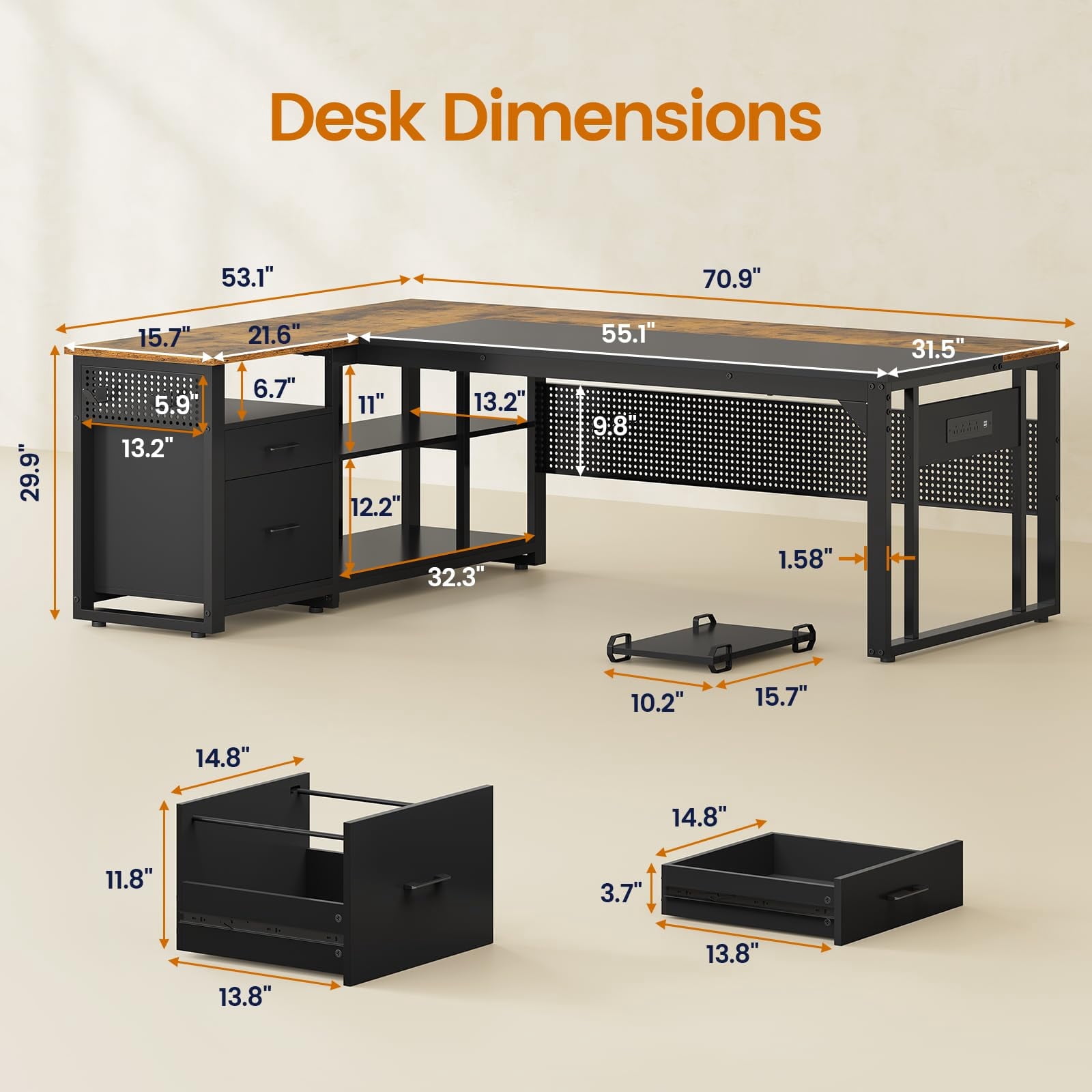 71" L-Shaped Executive Desk with Power Outlets & Mobile CPU Stand, Computer Desk with Storage Shelves, File Cabinet & Pegboard for Office, Home, Brown