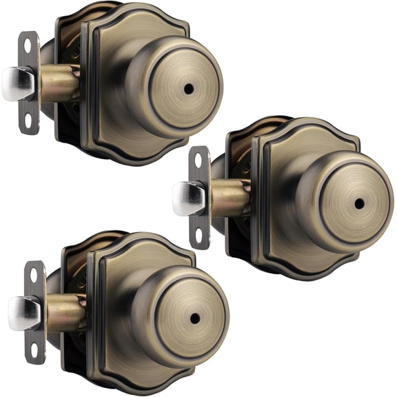 3 Pack Antique Brass Door Knobs with Camelot Trim,Interior Door Knob with Lock,Privacy Door knob for Bath and Bedroom