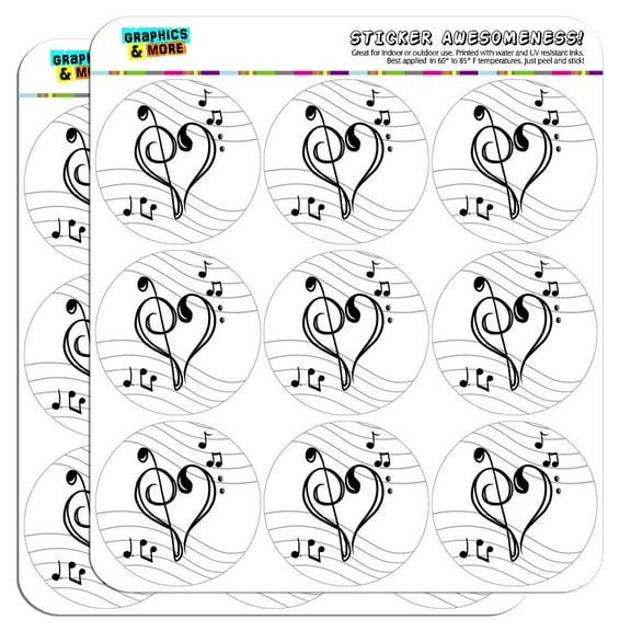 Treble Bass Clef Heart Music Black White 2" Scrapbooking Crafting Stickers