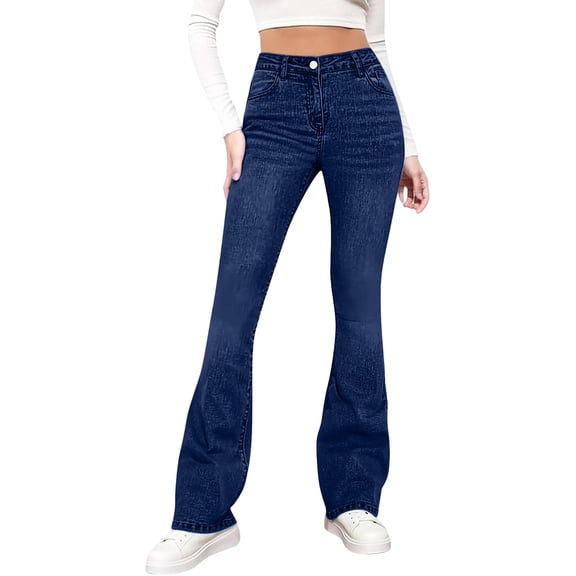 Xaqiouau Women's High Waisted Flared Denim Jeans Stretchy Casual Streetwear Trousers Vintage Style Long Pants Multiple Colors