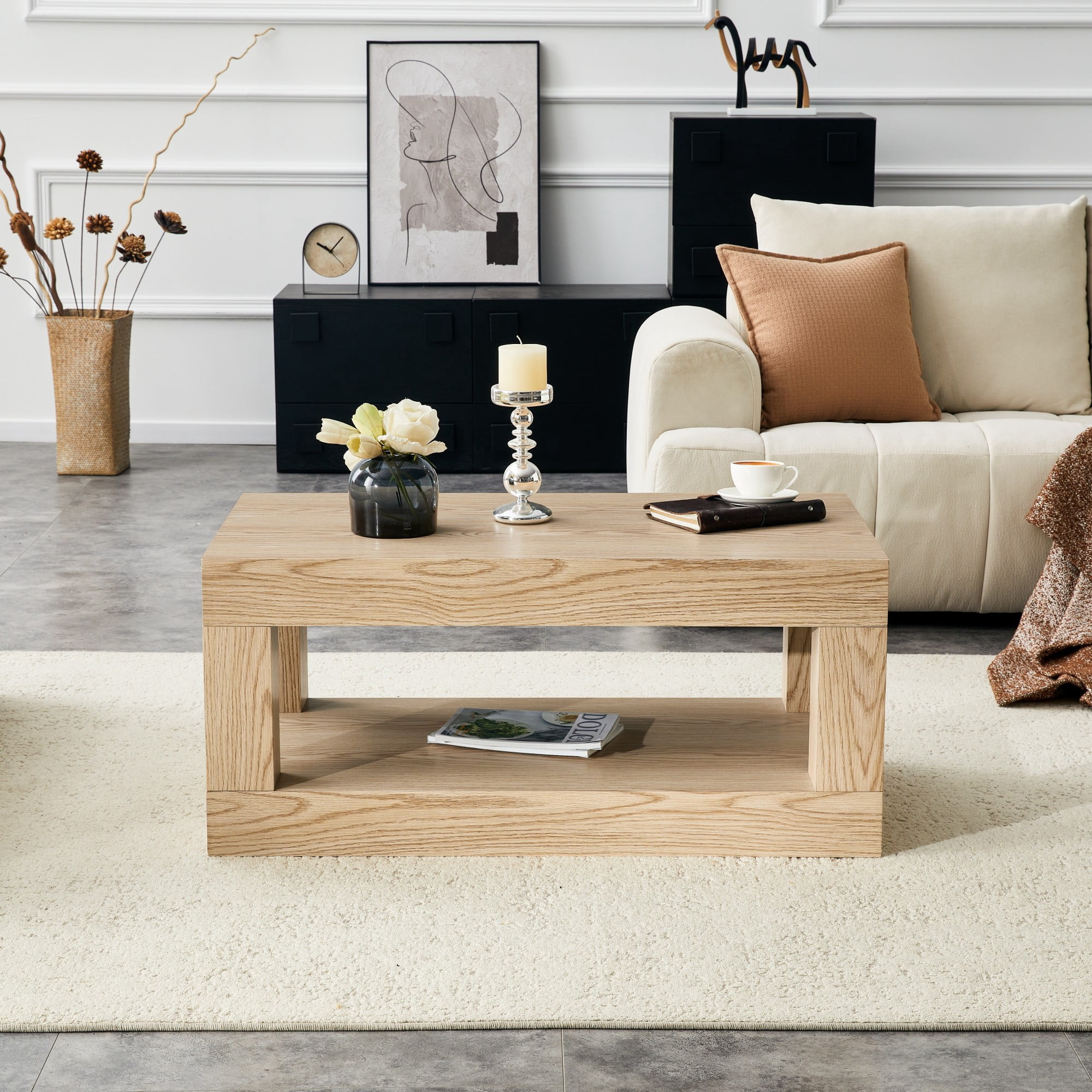 Alvantor Modern 2-Tier Coffee Table with Open Shelf, 40x21x18, Light Wood