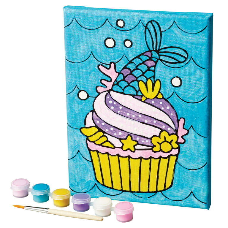 Hello Hobby Paint Your Own Mermaid and Cupcake Canvas Assortment, Boys and Girls, Child, Ages 6+, Each Sold Separately, Size: 6” x 8”