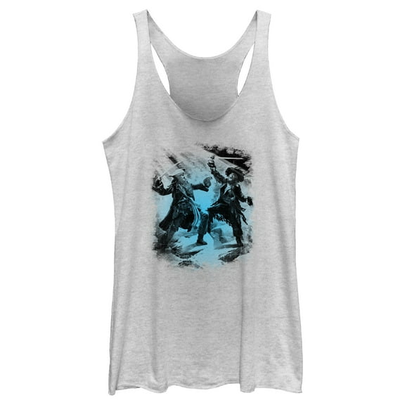 Women's Pirates of the Caribbean: Curse of the Black Pearl Jack Sparrow and Hector Barbossa Duel Racerback Tank Top White Heather Large