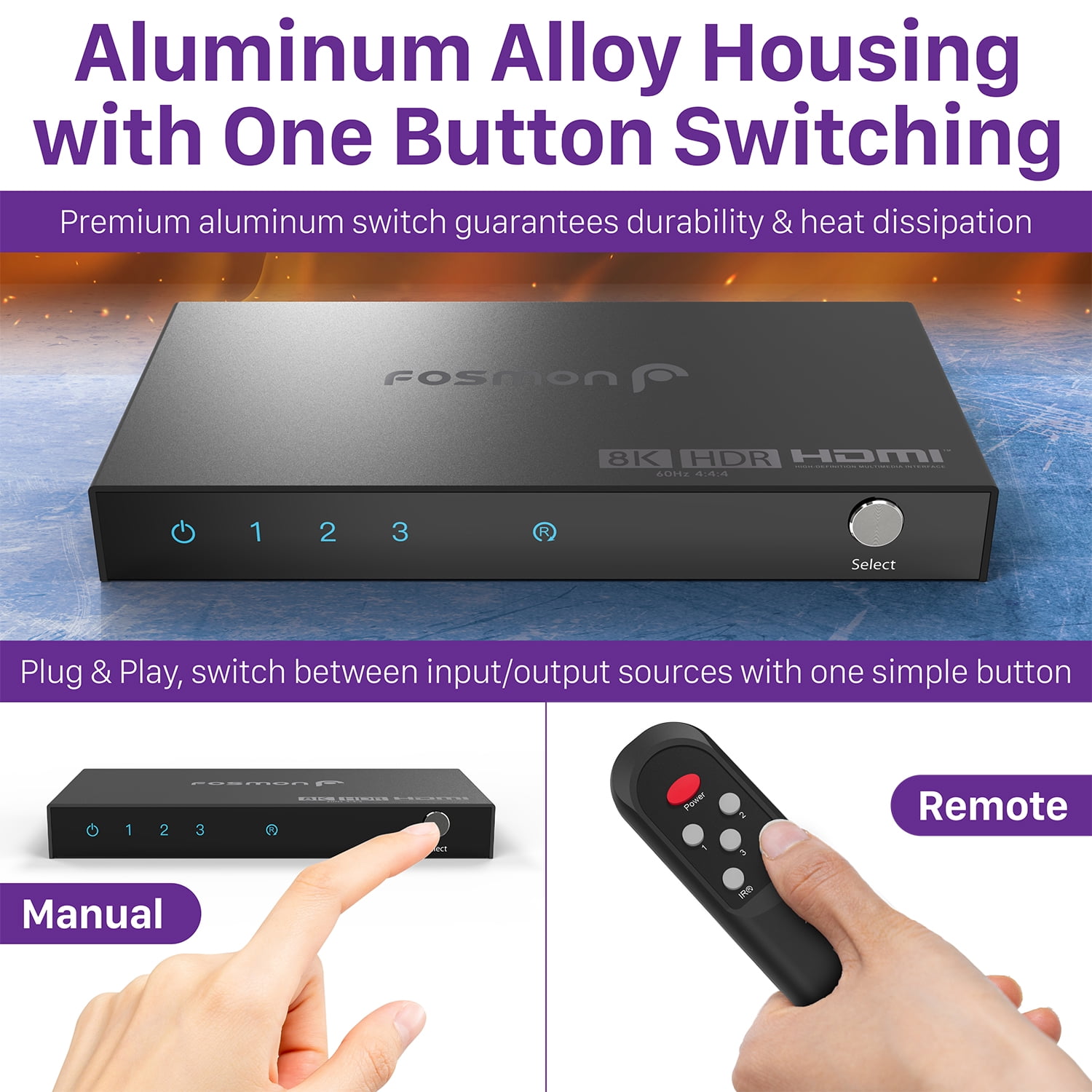 Fosmon 8K 3 Ports HDMI Switch with Remote, 3 In 1 Out 4K@120Hz 8K@60Hz HDR HDCP 2.3 HDMI 2.1 Splitter, Ultra High Speed 48Gbps for PS5, Xbox, Apple TV, Fire Stick
