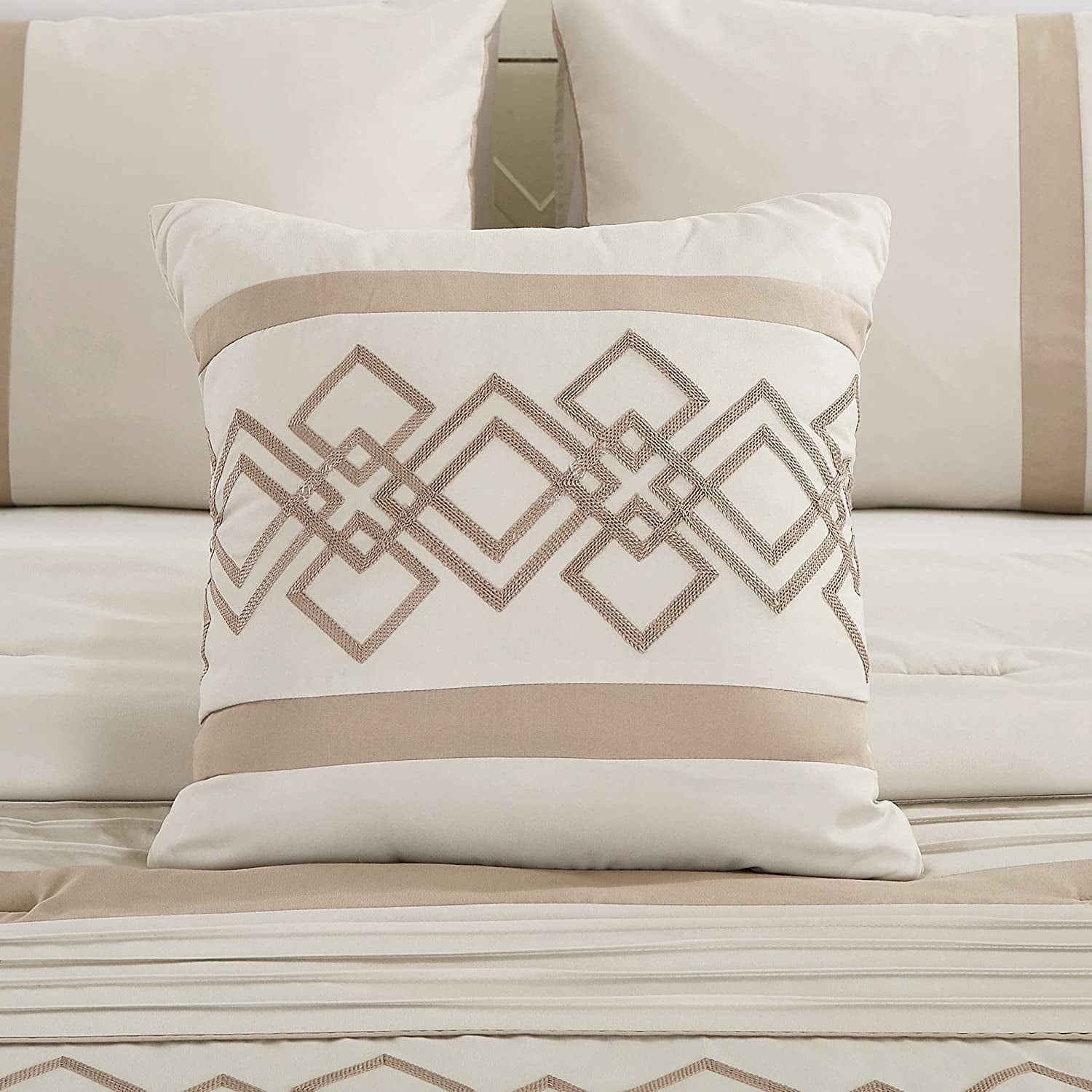 Chezmoi Collection Ariel 7-Piece Geometric Chenille Embroidery Comforter Bedding Set, Queen, Taupe
