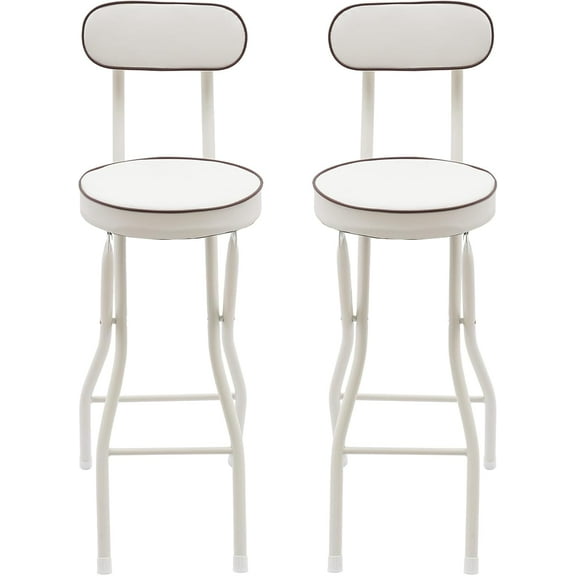 2 PCS Folding Bar Stool with Backrest, 25.6 Inch Tall Foldable Stool Chair with PU Cushioned Padded, Portable Collapsible Counter Height Chair for Home Camping Kitchen Island Shop Cafe, White