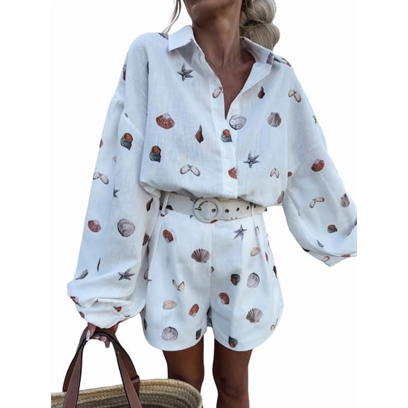 Set for Women Long Sleeve Shirt and Shorts Set White 2 Piece Set S