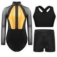 thumbnail image 3 of Aiihoo Kids Girls Gymnastics Ballet Dance Mesh Long Sleeve Shiny Rhinestones Leotard with Vest Shorts for Training Performance Gold 12, 3 of 5