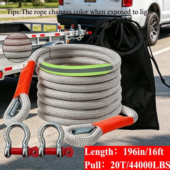 16 Ft Heavy Duty Recovery Tow Rope,44000 LBS Breaking Strength,2 D‑Shackles & Storage Bag,Photochromic Rope for Vehicle Towing