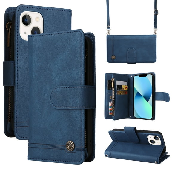 Mantto iPhone 13 Mini Cover, Wallet Card Slot Crossbody/Shoulder Strap Wristlet Strap Magnetic Flip Premium PU Leather Zipper Pocket With Kickstand For Apple iPhone 13 Mini,
Blue