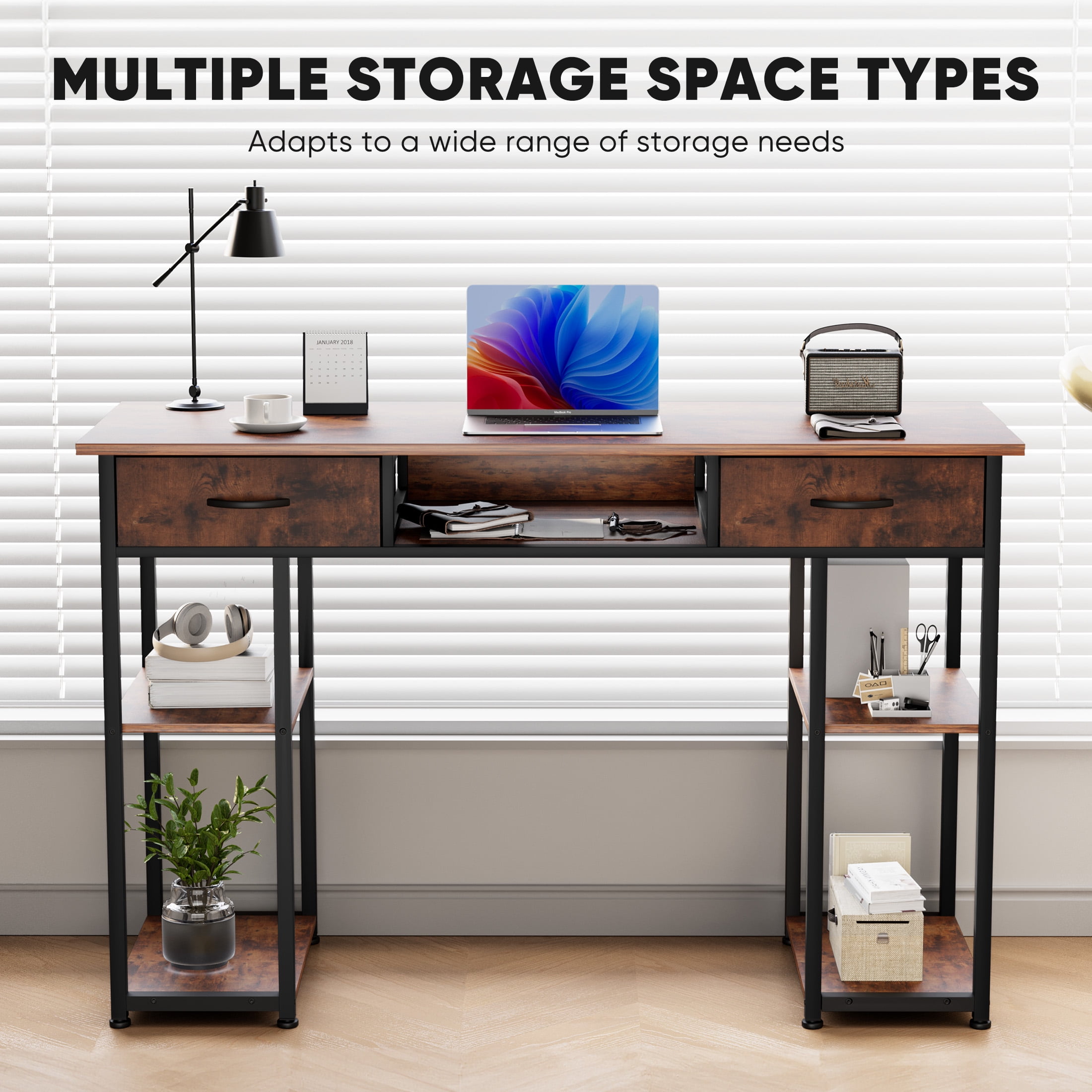 JIOABL Small Desk with 2 Drawers 48 Inch Bedroom Kids Student Vanity Home Office Computer PC Table, Study Writing Wood Deskboard for Small Spaces,Rust Brown