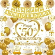 White Gold 50th Anniversary Decorations-Happy 50th Anniversary Banner Backdrop, Table Centerpieces, 50 Cake Toppers, Hanging Swirls, and Paper Pom Poms Party Supplies Dad Mom