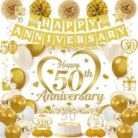 White Gold 50th Anniversary Decorations-Happy 50th Anniversary Banner Backdrop, Table Centerpieces, 50 Cake Toppers, Hanging Swirls, and Paper Pom Poms Party Supplies Dad Mom