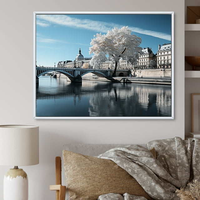 Designart France Oversized framed wall art decor, France framed wall Art, Seine Serenity France White framed wall art , White Traditional White Framed Wall Art, White Color Frame