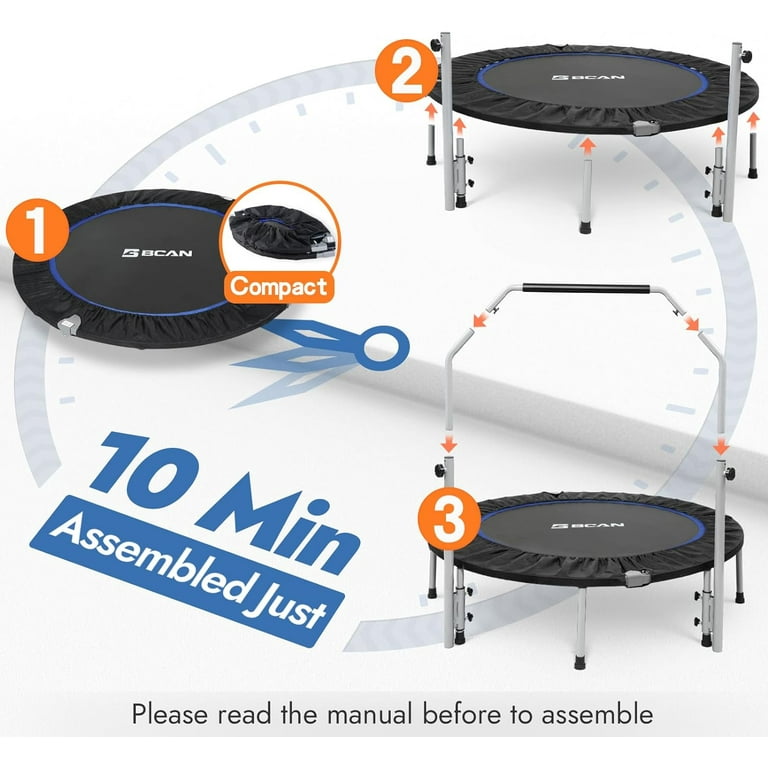 KENSONE 40/48 Mini Trampoline for Adults Kids Foldable Fitness Exercise  Rebounder for Indoor Outdoor Use with Adjustable Foam Handle, Max Load