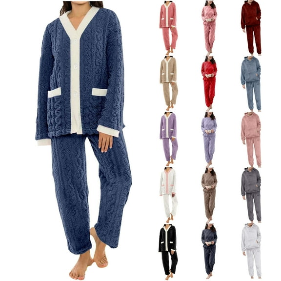 Frostluinai Fuzzy Pajamas for Women Set Winter Warm Fluffy Loungewear Plaid Textured Soft Fleece Pjs 2 Piece Ladies Plush Sleepwear