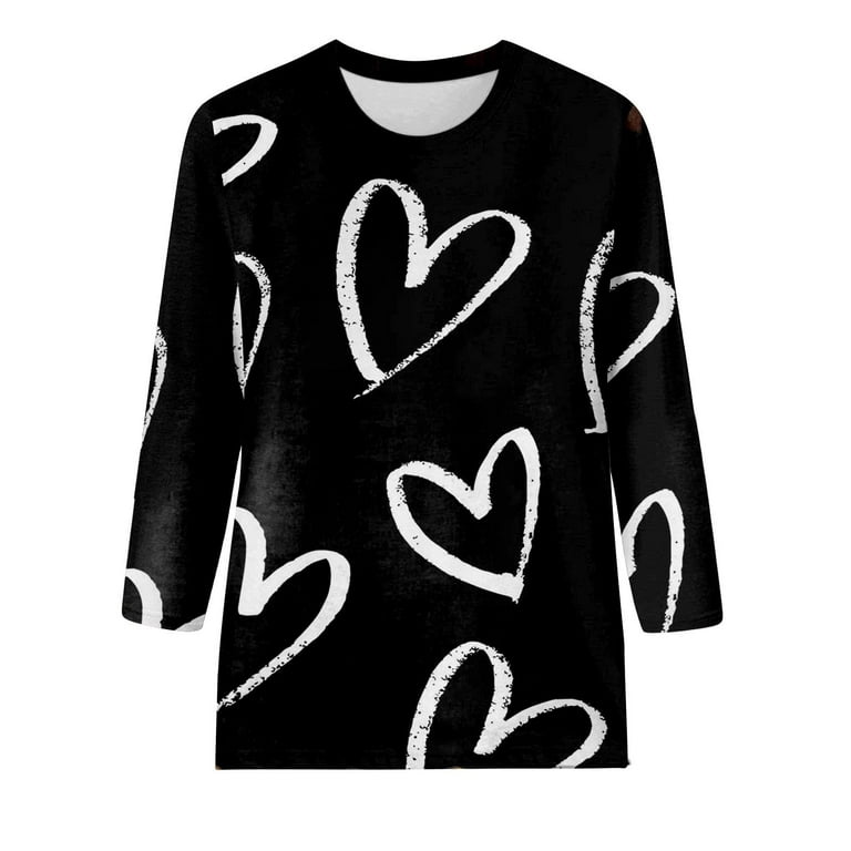 RQYYD Valentines Day Shirt for Women Heart Pattern Printed Clothes Pullover  3/4 Sleeve Tops Sweatshirts Flowy Tunics Blouses(1#Black,M)