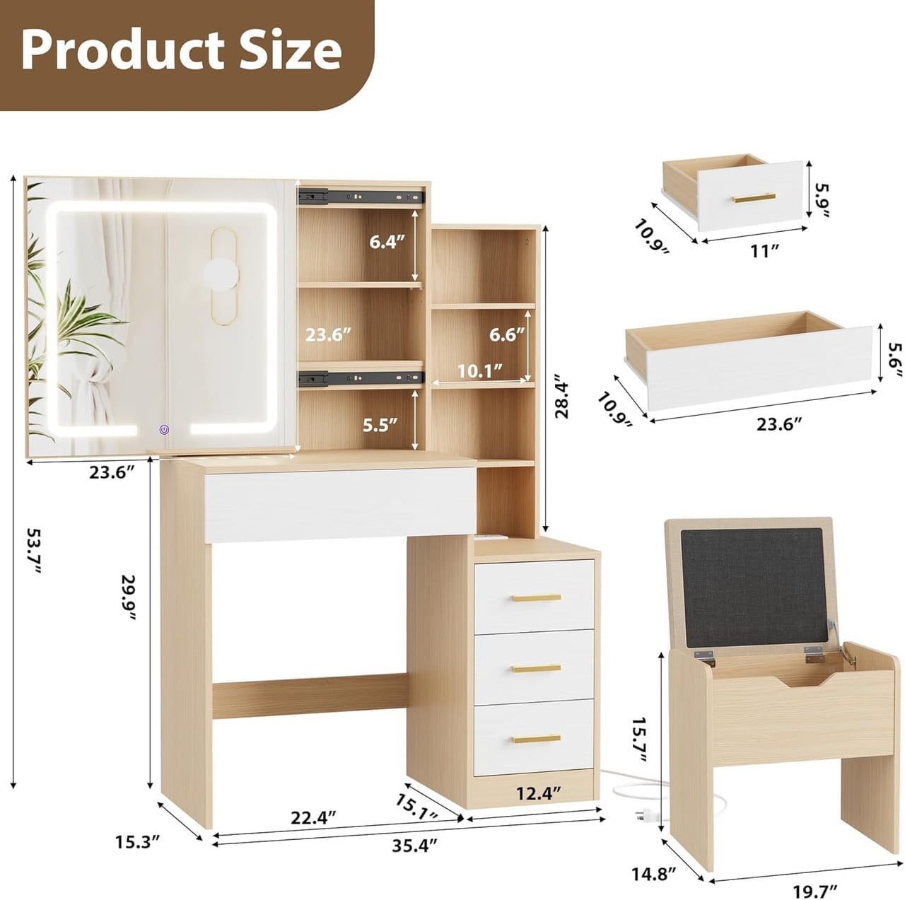 TROPOW Vanity Desk with Mirror and Lights, Makeup Vanity with Drawer & Storage Shelves, Cabinet, 3 Lighting Modes Adjustable Brightness, Power Outlet,Wood Color