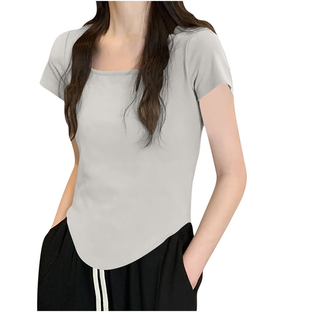 Camiseta de Trabajo de Manga Corta Nueva Camiseta de Cuello Redondo de Color Sólido de Corte Bajo, 95% Poliéster 5% Blusa de Spandex, Lavado a Mano de Uso Diario