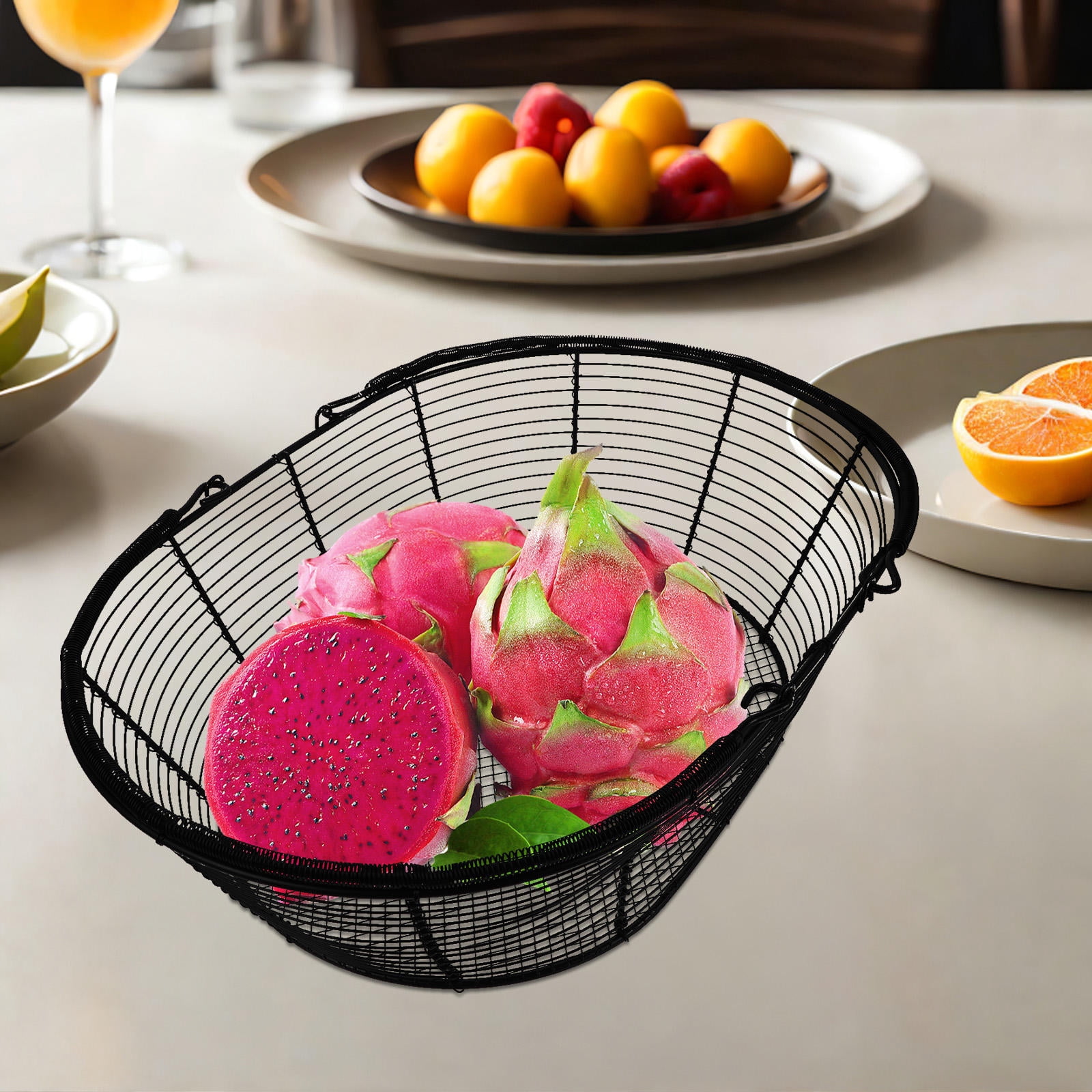 BESTYASH Black Metal Wire Basket with Handles for Kitchen Storage Mesh Design for Fruits and Snacks