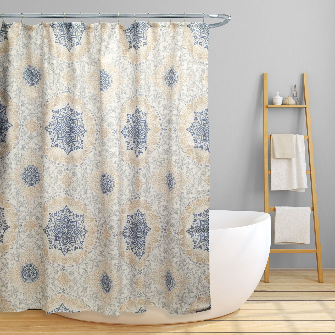 Fabric Canvas Shower Curtain, 70"x70", Jenna, Floral Scroll Medallion