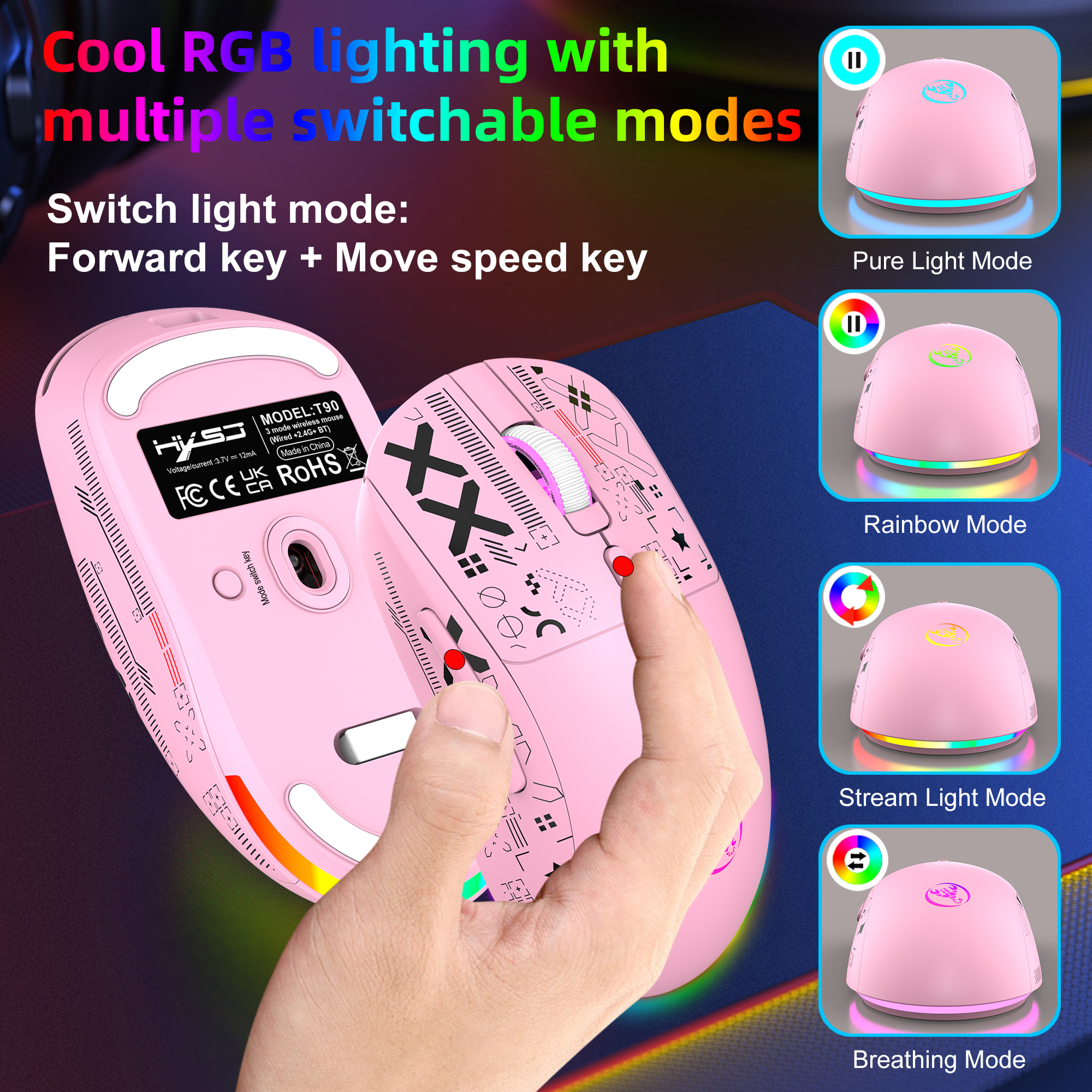 UHM Wireless Gaming Mouse,Colorful RGB Backlight,3600 DPI,Long Battery Standby,3 Mode USB-C/2.4G/Dual Bluetooth 5.3 Portable Rechargeable Gaming Mice for PC/PS5/Mac Computer and Laptop/Tablet,Pink