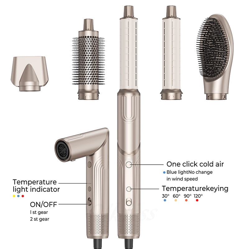 Foldable 5-in-1 Hot Air Styling System, Professional Hair Dryer Brush Kit with Airflow Curler, Smoothing & Volumizing Attachments, Ionic Technology for Travel, Champagne Gold