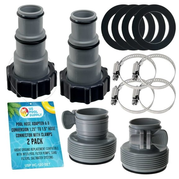 U.S. Pool Supply Pool Hose Adapter A B Conversion 1.25" to 1.5" Hose Connector with Clamps, 2 Pack - Above Ground Replacement Compatible with Intex Pool Filter Pumps, Sand Filters Saltwater Systems