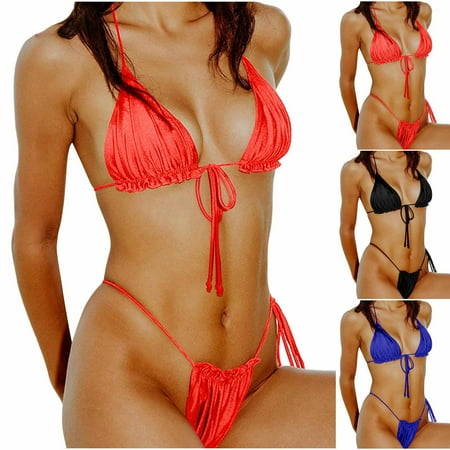 Elainilye Fashion Womens Bikinis Set Two Piece Swimsuit Solid Color Sexy Split Swimsuit Set Thong Bikini Sets Black