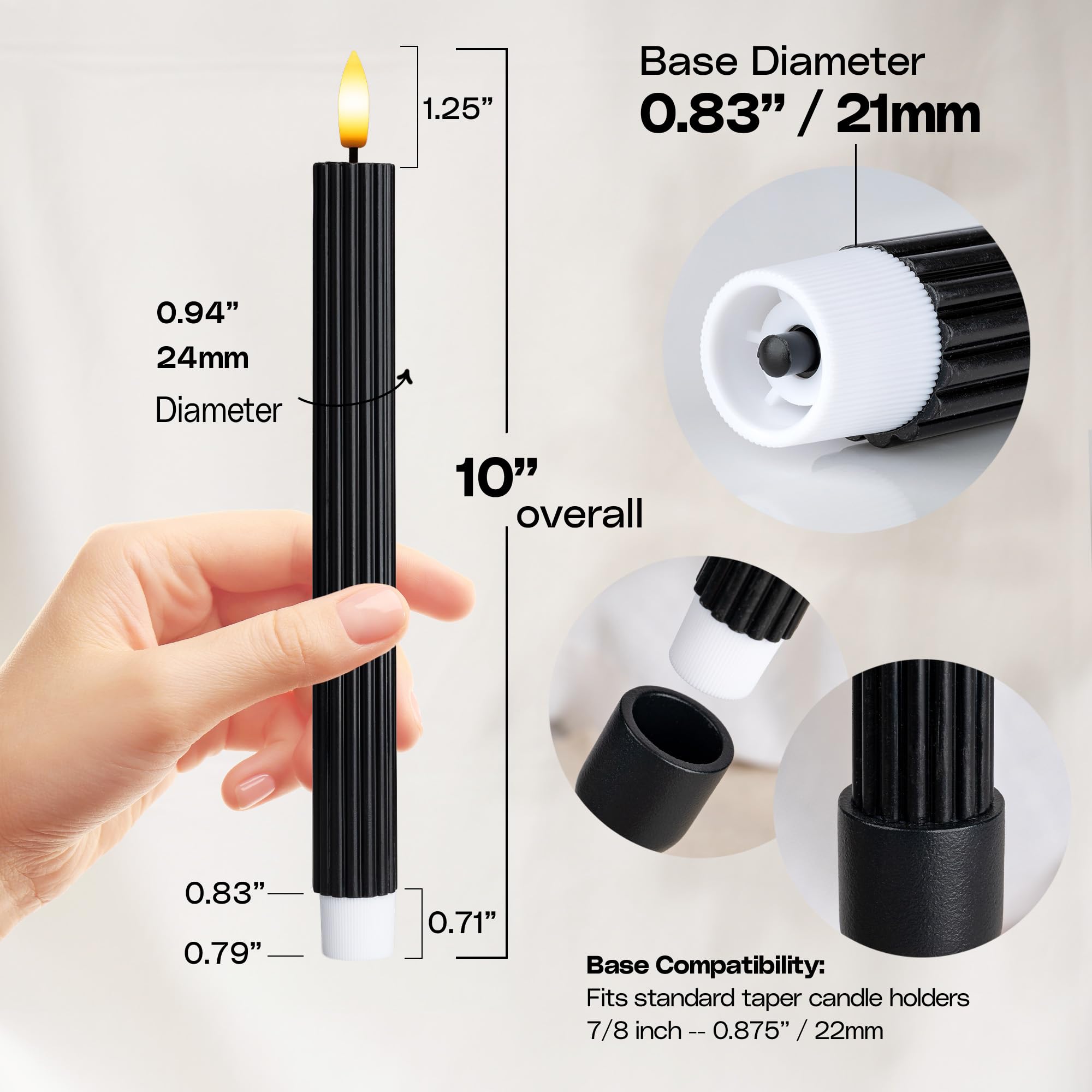 WYZworks 10" Fluted Ribbed LED Black Grooved Pillar Candles, Remote & 24h Timer Memory, On/Off Switch - Flameless Dimmable Battery Operated w/Flicker Mode, Home Wedding Decor (6 Pack)