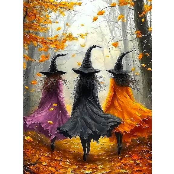 Witch Diamond Art Kits for Adults, Halloween Diamond Painting Kits for Beginners, 5D DIY Fall Autumn Full Drill Round Gem Art Craft for Home Decor 12X16 inch