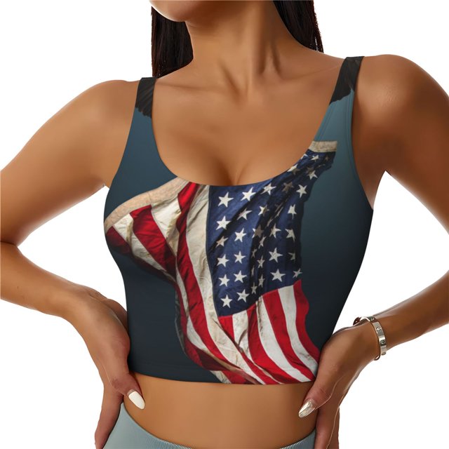 Fotbe American Flag Sujetador Deportivo Largo sin Aros para Mujer con Almohadillas y Soporte Medio, Transpirable y Absorbente, Camiseta Tipo Chaleco o Tank Top-X-Large