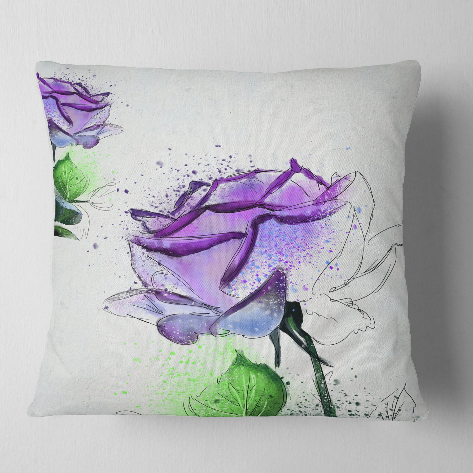 Designart Blue Rose Flowers with Green Leaves - Floral Throw Pillow - 16x16