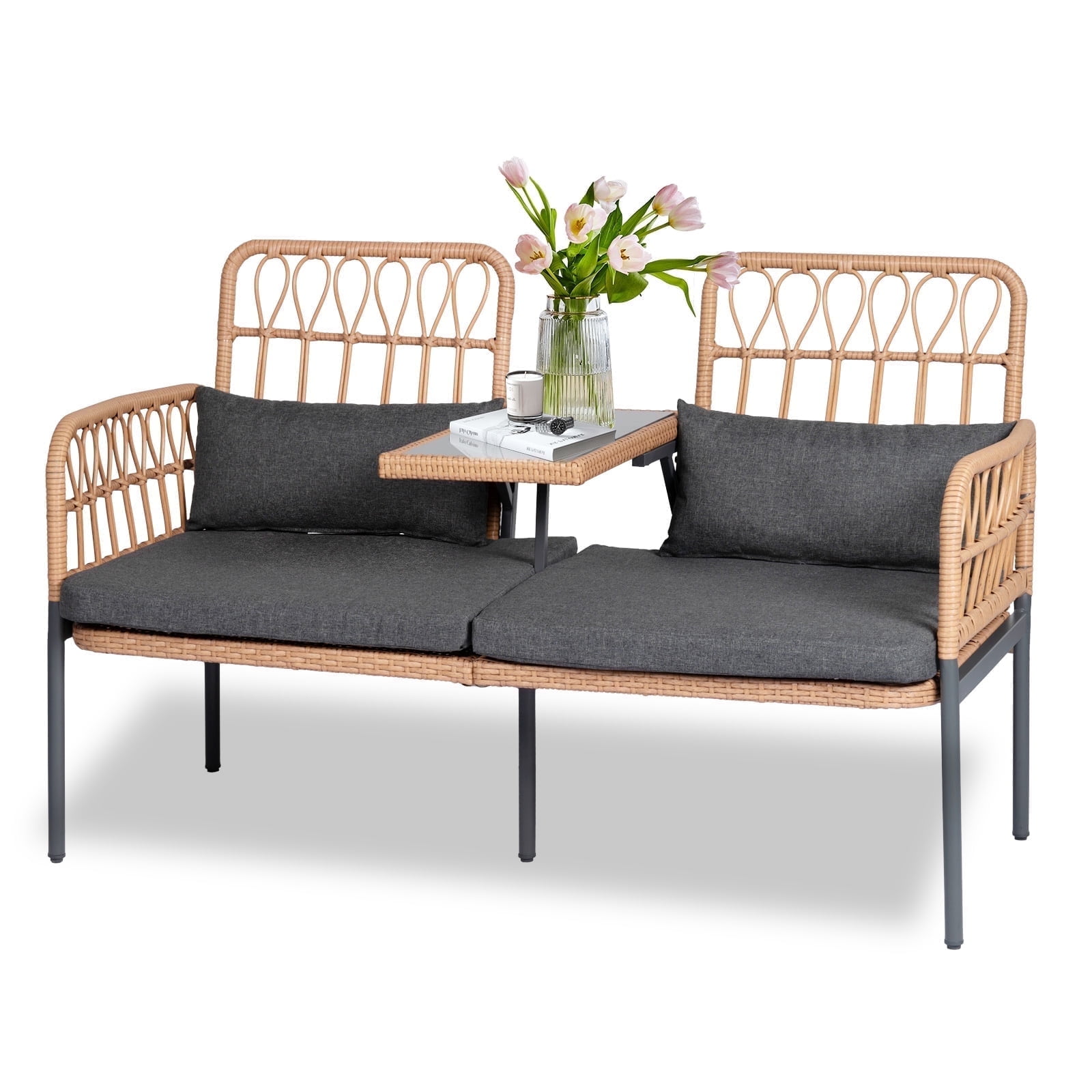 Tappio Outdoor Rattan Loveseat, Patio Rattan Conversation Set Seat Sofa Cushioned Loveseat Table Chairs with Built-in Coffee Table, Gray
