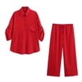 thumbnail image 4 of HH TRAF 2024 Traje de pantalón largo de pierna ancha de moda con cordones y camisa de un solo pecho con media manga y solapa de color liso para mujer, 4 of 5