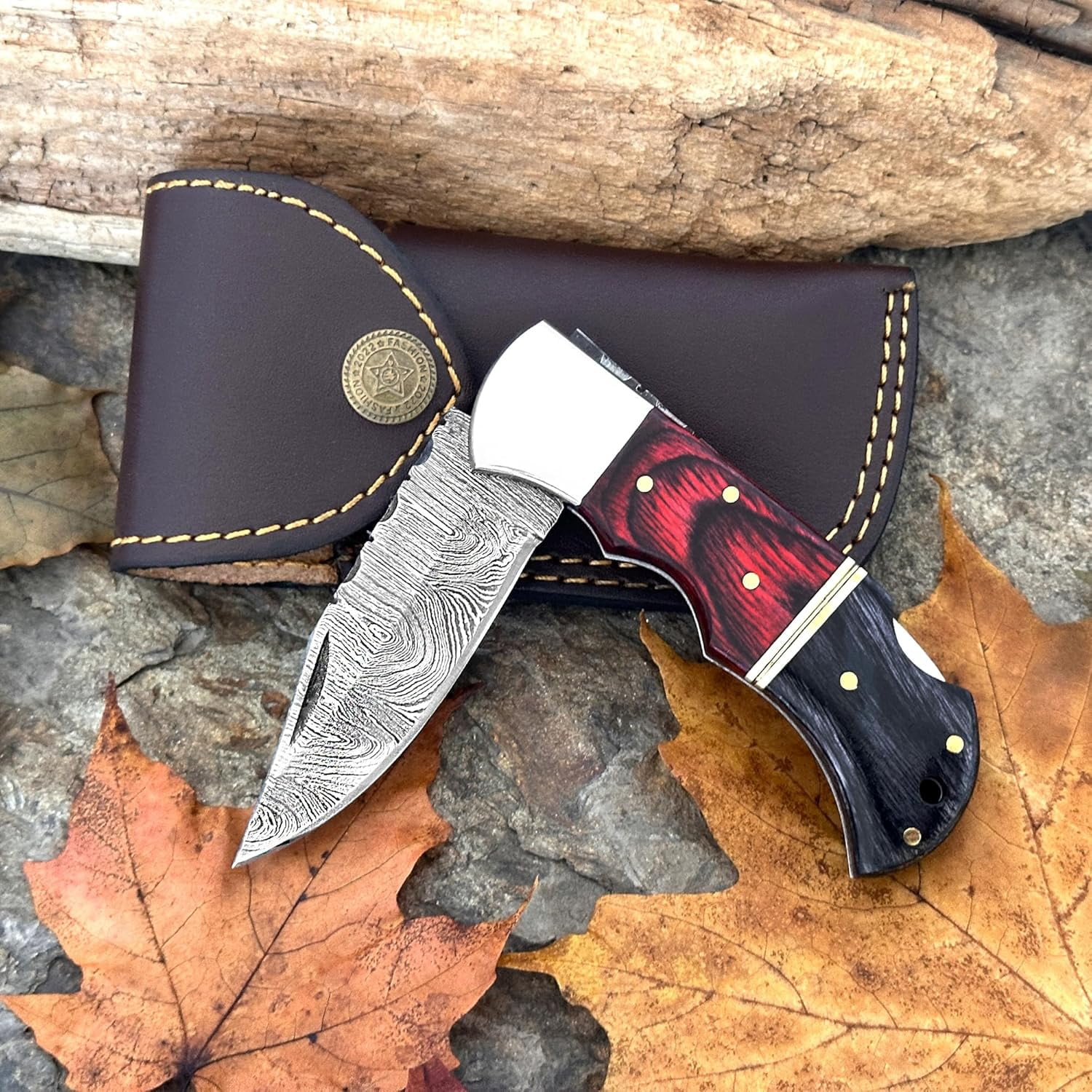 Poshland Damascus Pocket Knife For Men, Handmade Folding Damascus Steel Knife with Sheath For Hunting, Camping, Hiking, Wooden Handle Back Lock Knife