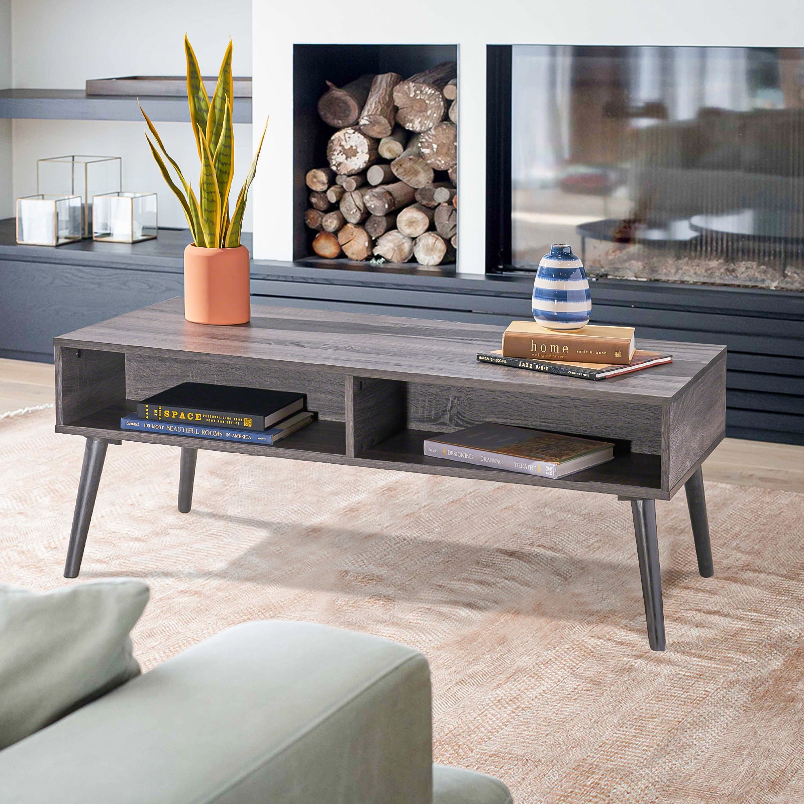 Kadyn Faux Wood Overlay Coffee Table, Mid Century Coffee Table with Storage Space, Modern Fiberboard Coffee Table for Bedroom, Plaid Grey Oak Kadyn Faux Wood Overlay Coffee Table, Mid Century Coffee Table with Storage Space, Modern Fiberboard Coffee Table for Bedroom, Plaid Grey Oak
