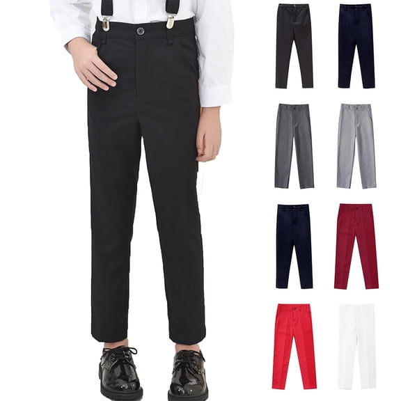 WAVSUF Boys Dress Pants Elastic Waist Soft Comfort Straight Cut Spring School Cotton Trousers Black 10-12