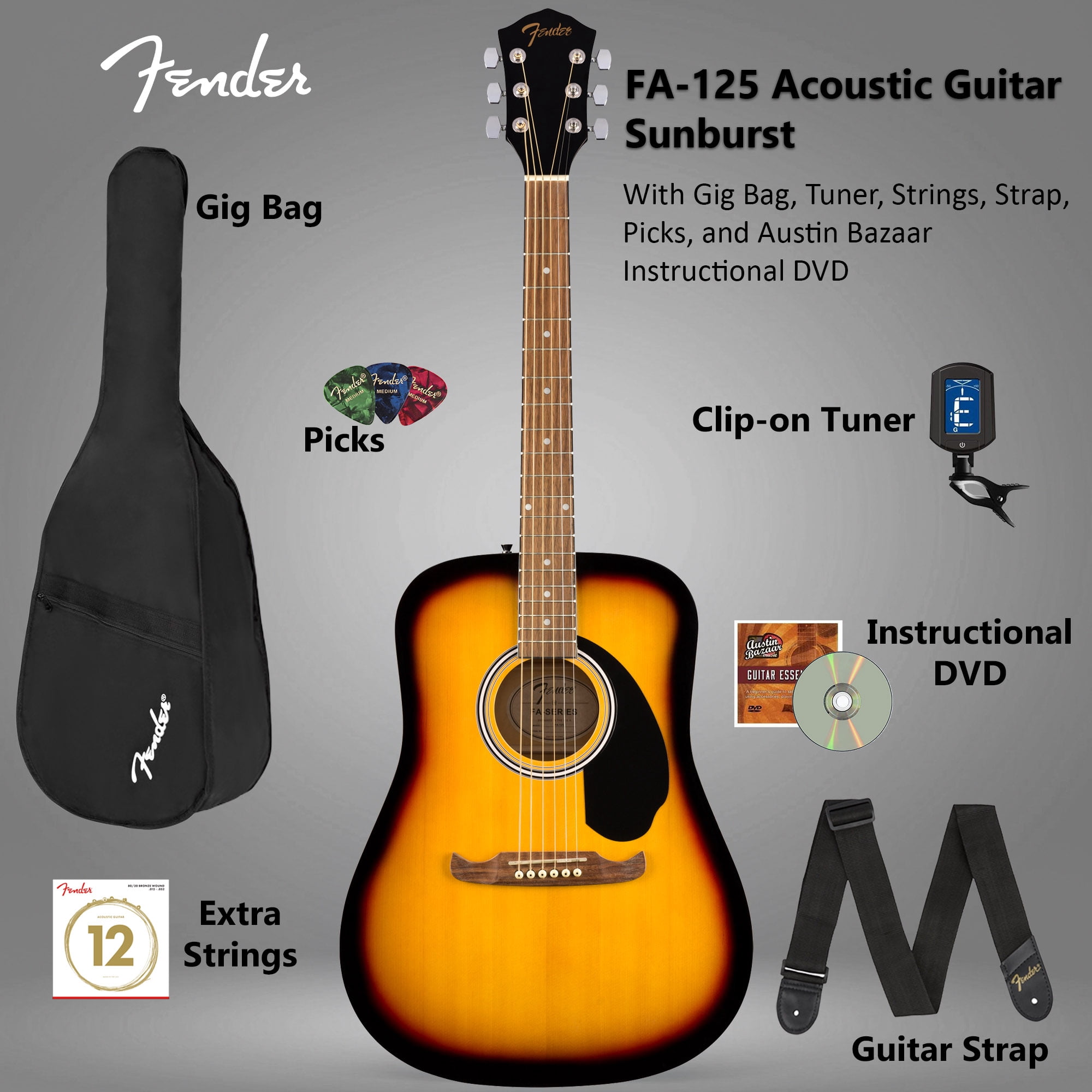 Fender FA-125 Dreadnought Acoustic Guitar - Sunburst w/ Gig Bag