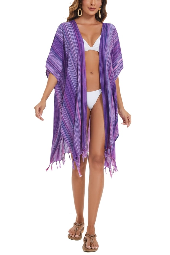 Purple Women HIPPIE Gypsy Stripe Printed Kimono Cardigan Shawl Wrap Swimsuit Cover Up Jacket One Size