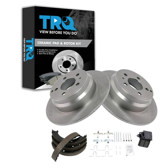 TRQ Rear Brake Pad & Rotor Kit Brake Pads Brake Rotor Parking Brake Shoe Set Ceramic Fits Select 1994-1996 Volvo 850 1998-2004 C70 1998-2000 S70