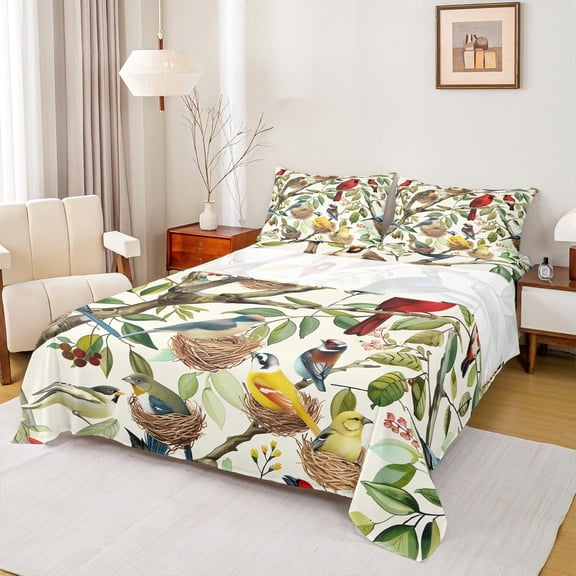 Manfei Colorful Cardinal Birds Full Size Sheets,Rustic Plant Leaves Bed Sheets,Green Beige Sheet Sets For Men Women,Breathable Home Decor,4 Pieces
