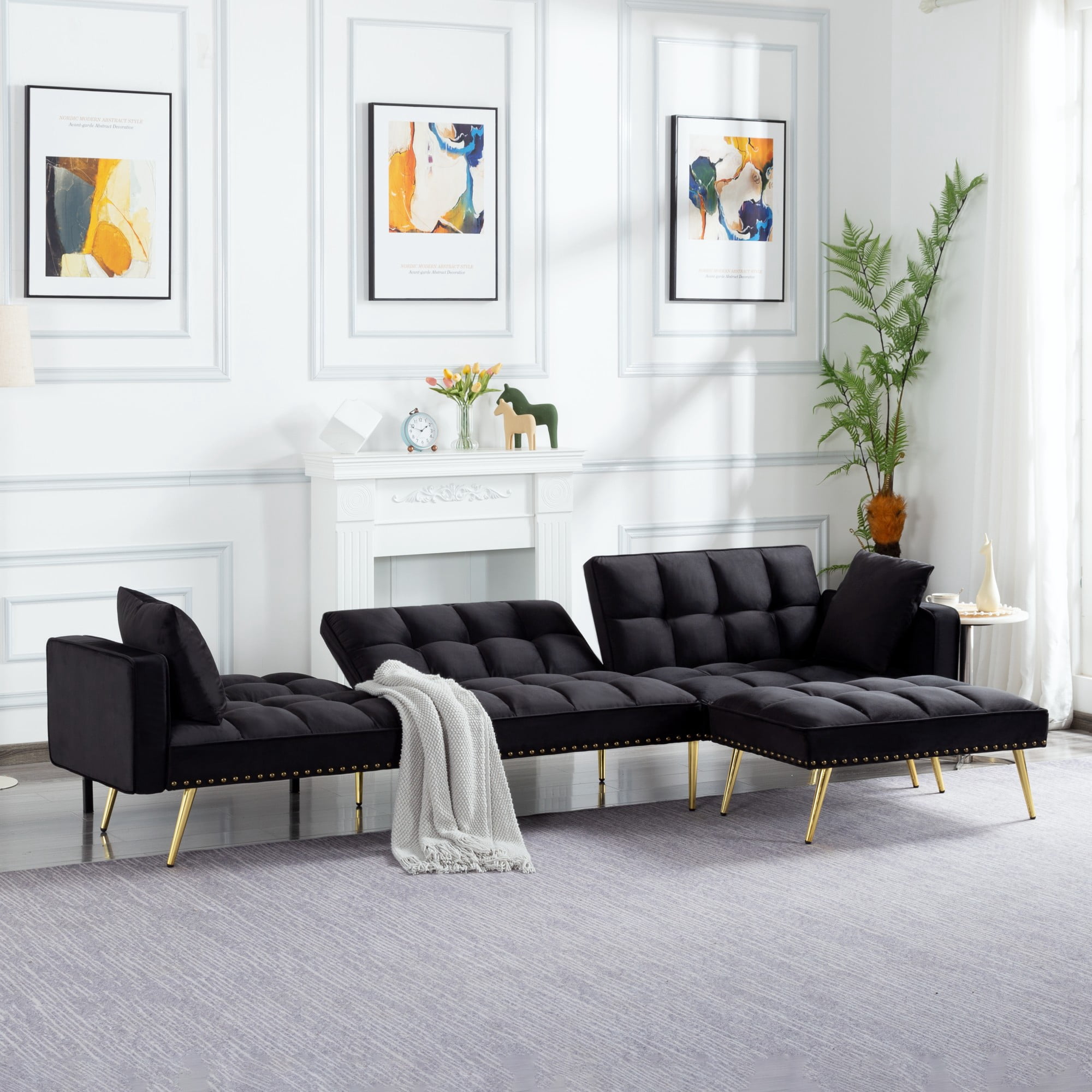 DEALTOPS 107” Convertible Sectional Sleeper Sofa Bed, Velvet L-Shaped Futon with Reversible Ottoman & Gold Legs, Black