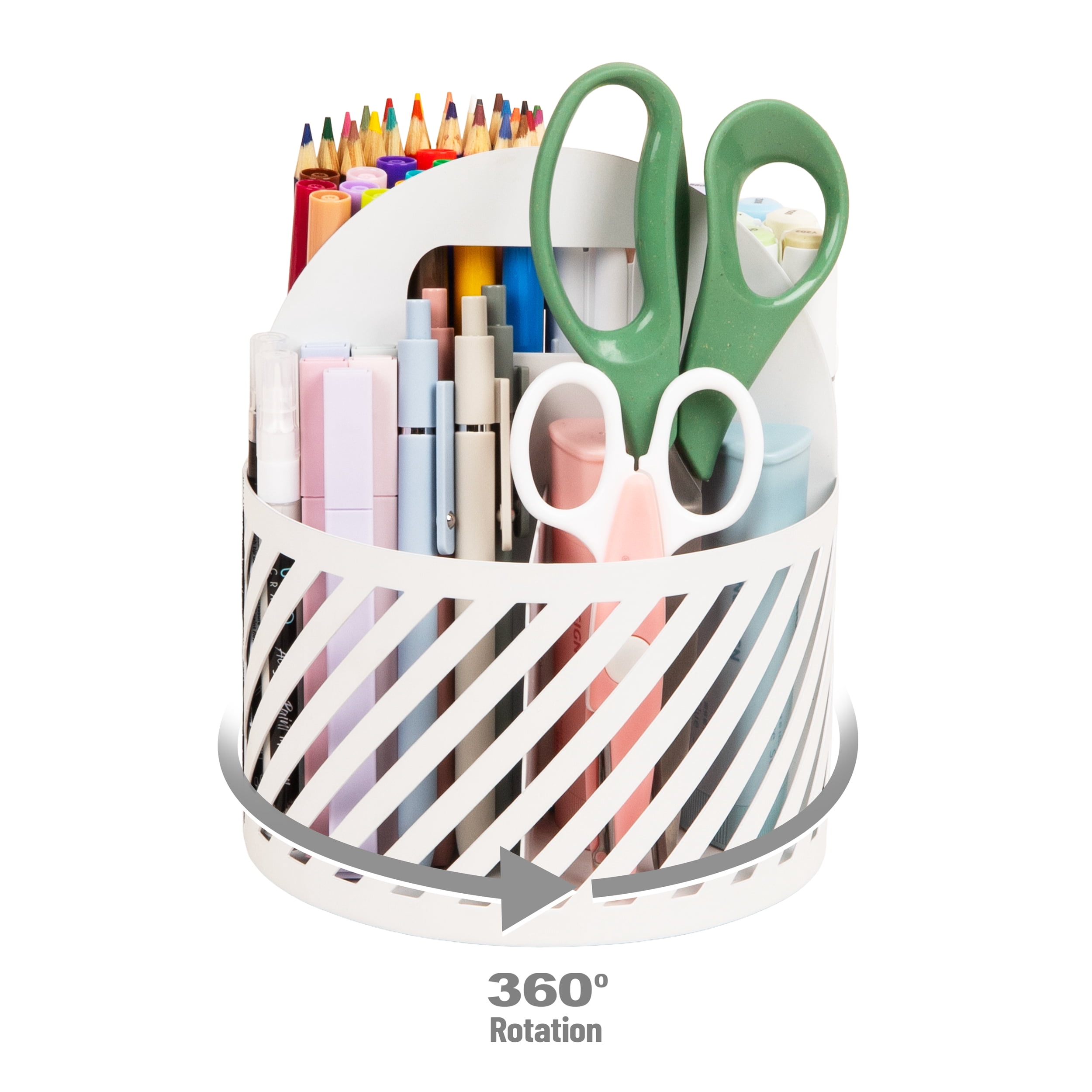 Mind Reader Round Metal Desktop Carousel Organizer with Handle, Four Compartments, Office Supplies and Accessories, Metal, White