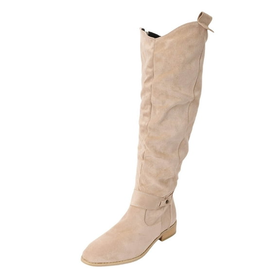 Boots for Women Fold Over Low Heel Mid Calf Booties Fall Pull On 2025 Trendy Pointed Toe Thick Winter Boots