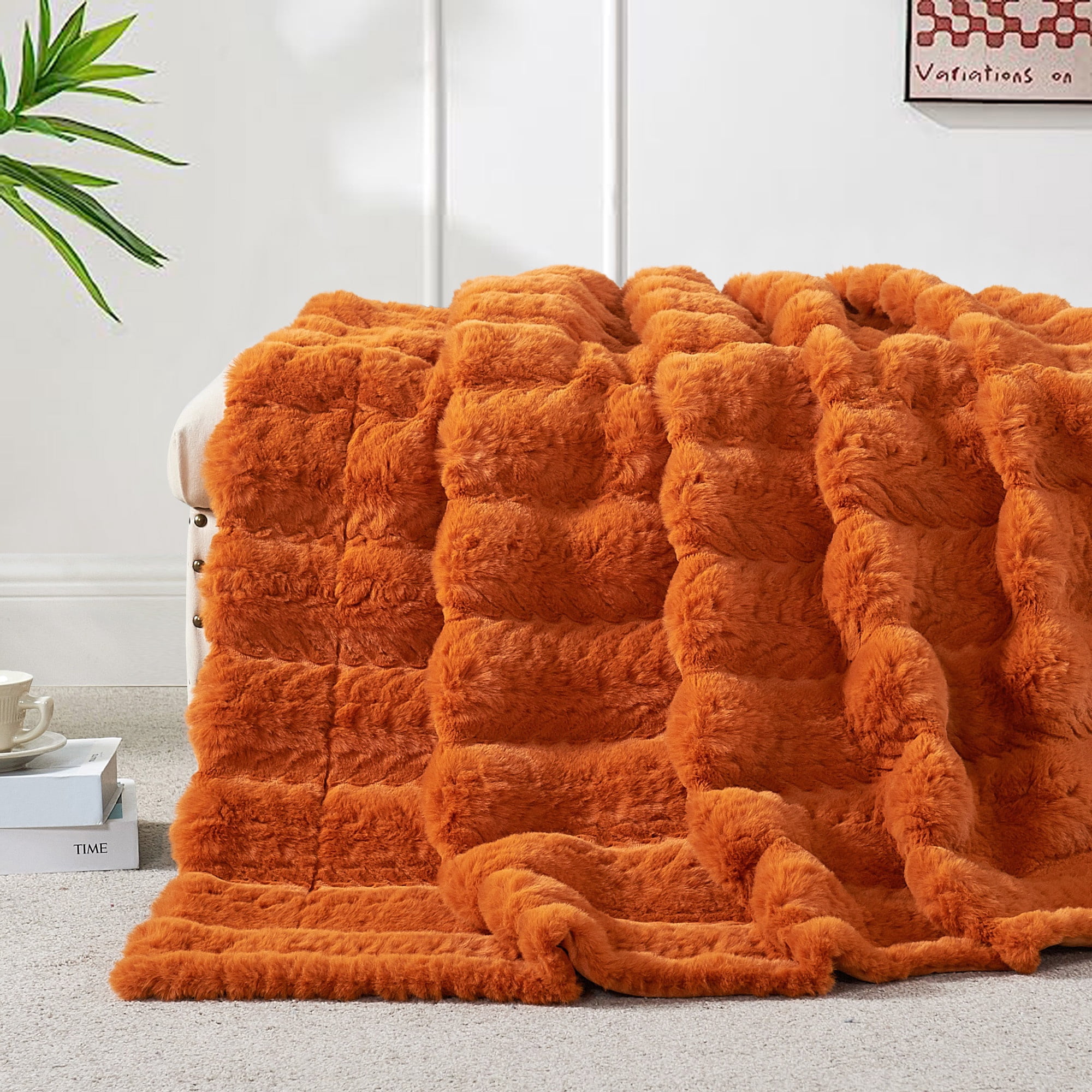 Home Soft Things Tread Pattern Faux Fur Throw Blanket with Micromink Back, Luxury Soft Cozy Plush Fluffy Fuzzy Reversible Thick Warm Throw Blanket, 50x60 inches, Burnt Orange