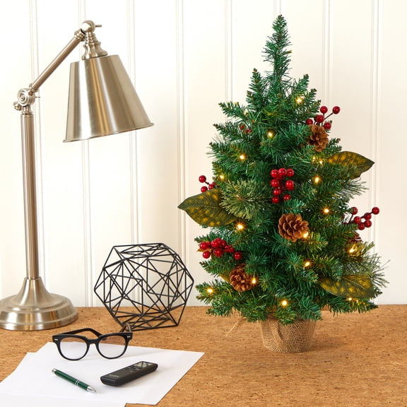 Nearly Natural 2ft. Pine, Pinecone and Berries Artificial Christmas Tree with 35 LED Lights and 86 Bendable Branches, Green