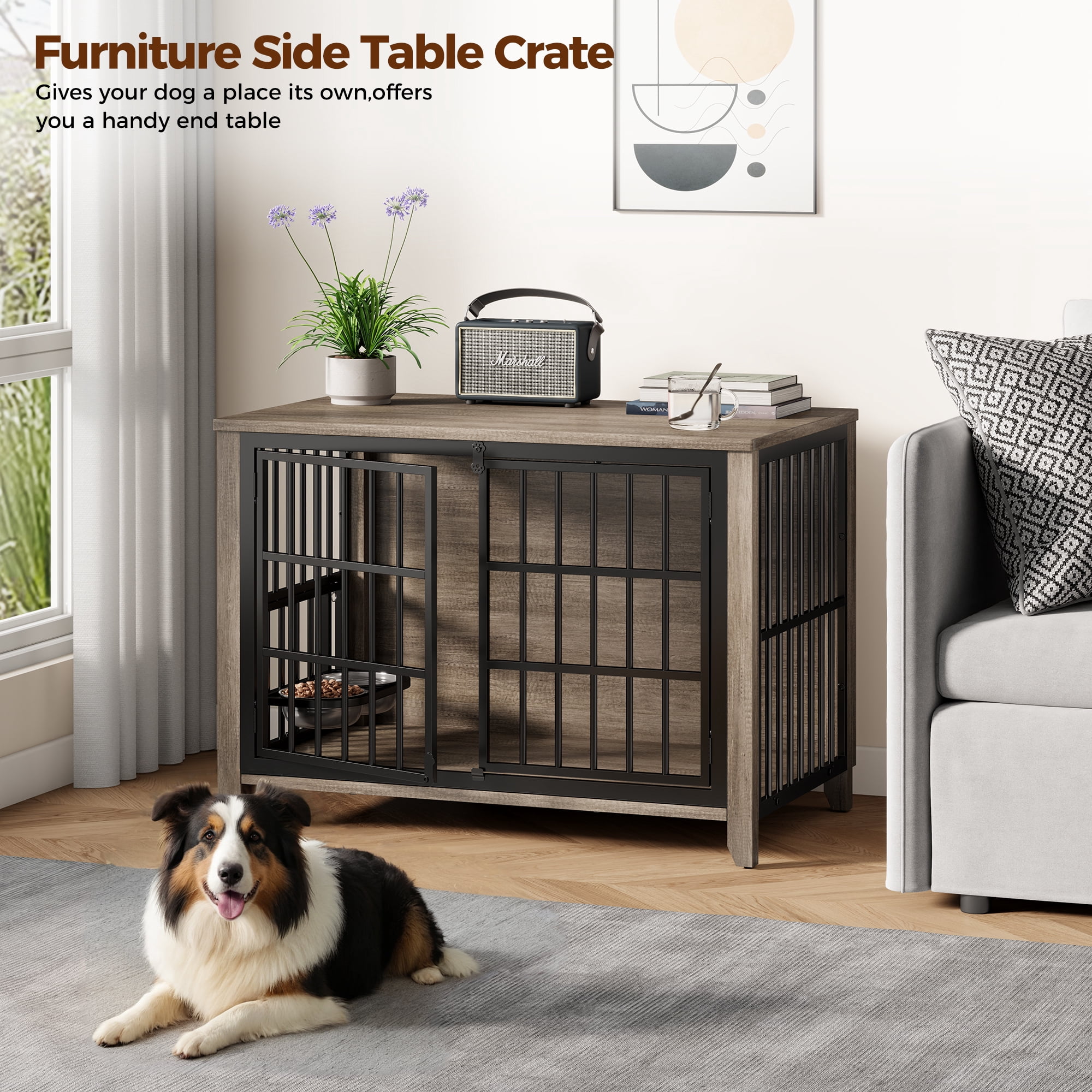 Aufeile Dog Crate with 2 Adjustable Dog Bowls, 37.7" Dog Kennel for Inside, Ideal for Medium to Large Breeds Up to 75 lbs, Gray